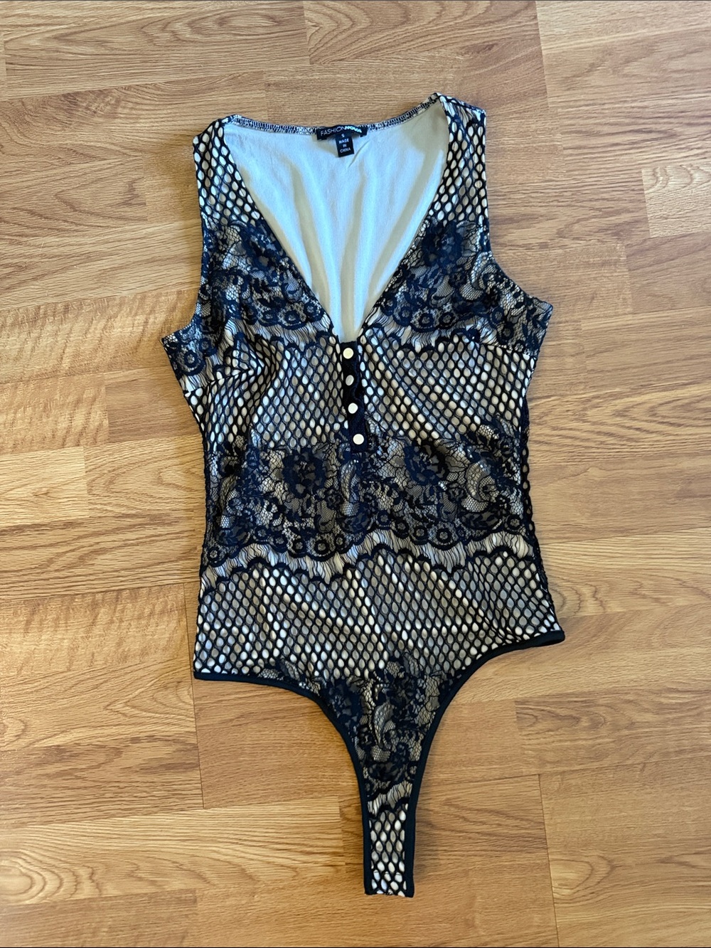 Fashion Nova Black Lace Mesh Thong Bodysuit with Nude Lining